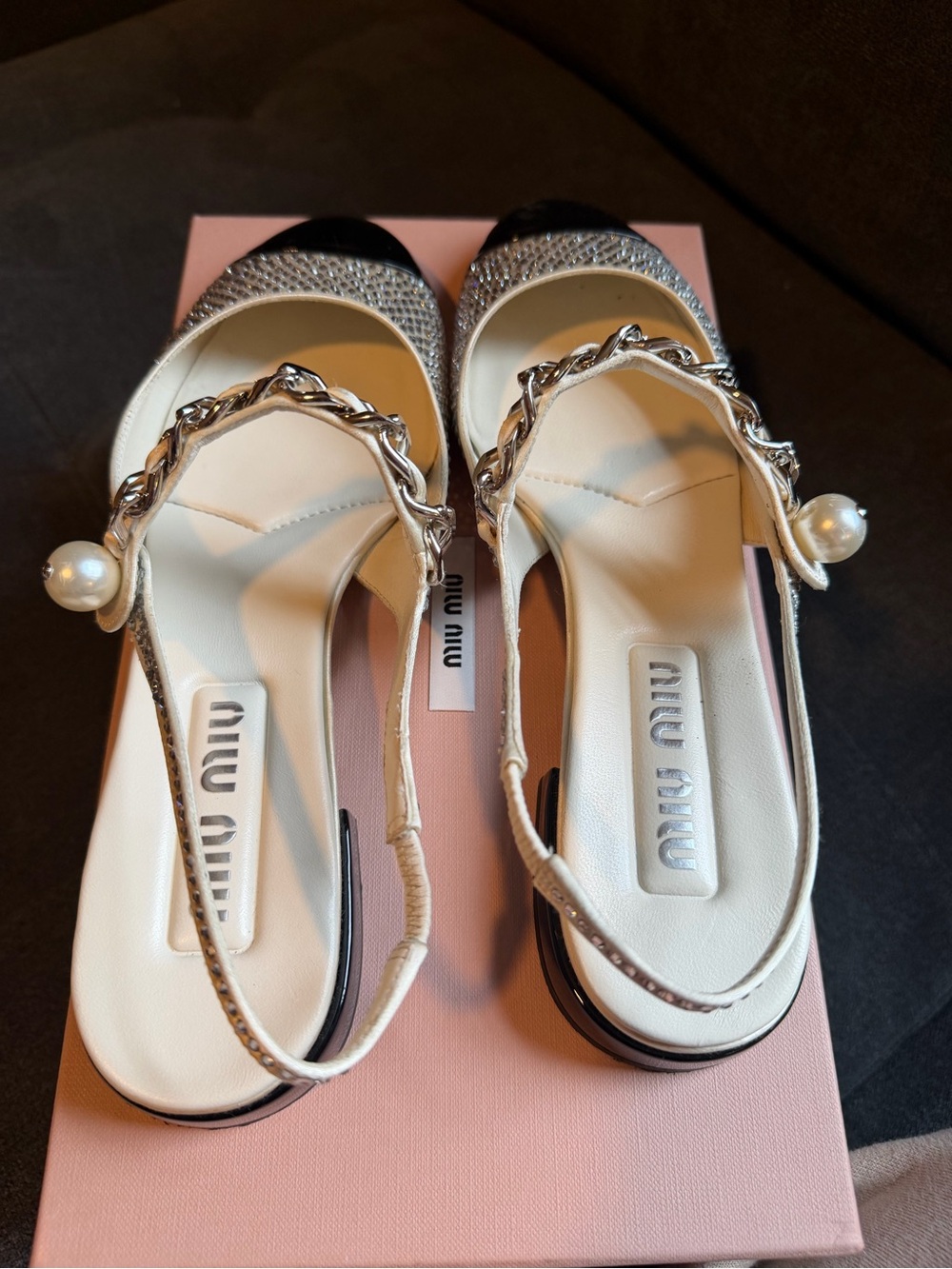 Prada White & Black Jeweled Slingback Flats - Picture 3 of 5